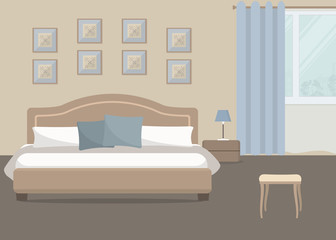 Bedroom in a beige color. There is a bed with blue pillows, a bedside table, a lamp on a window background in the image. There are also pictures on the wall. Vector flat illustration.