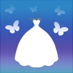 White dress on a graceful hanger, surrounded by butterflies