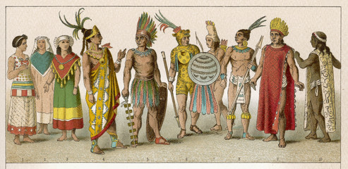 Mexican people in traditional costume. Date: circa 1500