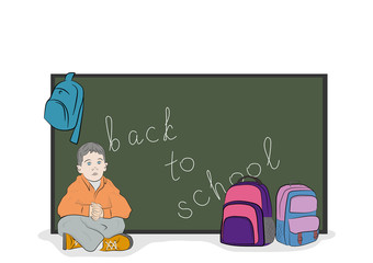 The schoolboy sits at the school board. School subjects. Hand drawn cartoon vector illustration for design and infographics.