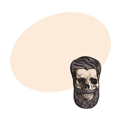 Hand drawn human skull with hipster hairdo, beard and moustache, sketch style vector illustration with space for text. Hand drawing of human skull with hipster hair, beard and whiskers