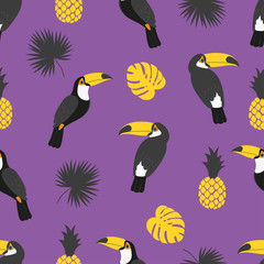Seamless tropical pattern in bright colors. Vector background with toucans, pineapples and palm leaves.