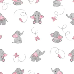 Wallpaper murals Elephant Cute cartoon elephants and butterflies seamless vector pattern. Baby print.