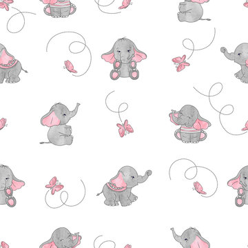 Cute cartoon elephants and butterflies seamless vector pattern. Baby print.