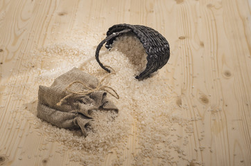 Rice in the burlap bag. Healthy eating and lifestyle.