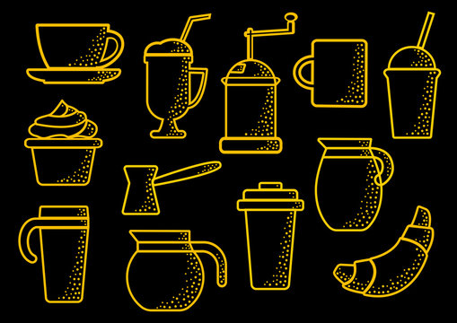 Set on coffee theme, yellow outline on black background, vector illustration