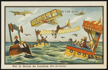 Futuristic fast food stops on the Channel crossing. Date: 1899