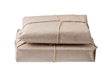 pile parcel wrapped with brown kraft paper