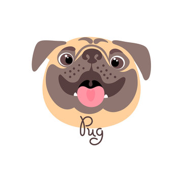 Happy pug. Portrait of a cheerful dog in cartoon style
