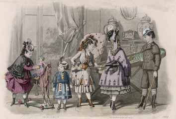 Child Fashions circa 1870. Date: circa 1870 - obrazy, fototapety, plakaty