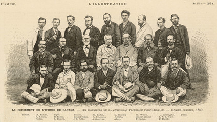 Ferdinand de Lesseps and Panama Canal engineers. Date: Jan-Feb 1880