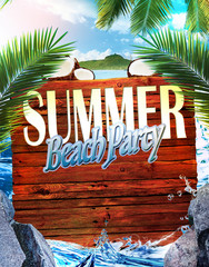 Template flyer for Summer Beach Party, Design with typographic elements on wood texture background.