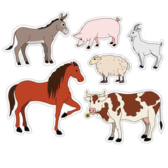 farm animals cartoon set vector stickers with domestic livestock, pet
