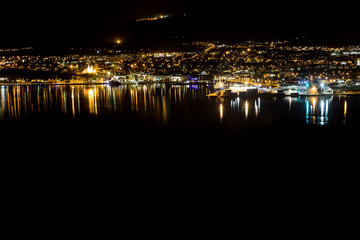 Panoramic view on Akureyri city at night in north iceland