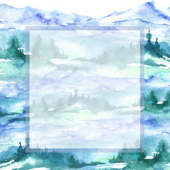 Watercolor postcard, invitation, card. With vintage drawings snow tops, mountains, pine forest, pine, fir, cedar, fir. In blue, green. With a place for the inscription and your design.