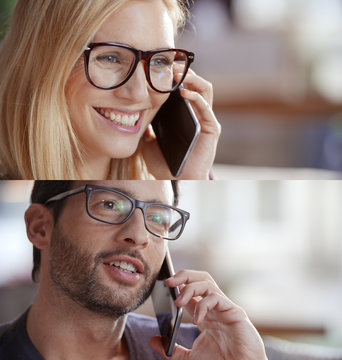 Casual Blonde Woman And Man Set,businesswoman, Businessman Talking By Smartphone. Technology Use Portrait At Home Or Office. Smiling Caucasian Professional Relaxed Positive Adult People With Glasses