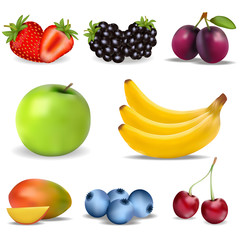 A set of useful fruits and berries. An Apple. Strawberry. Blackberry and Cherry.