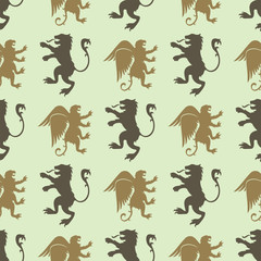 Heraldic lion royal crest medieval knight silhouette vintage seamless pattern king symbol heraldry vector illustration