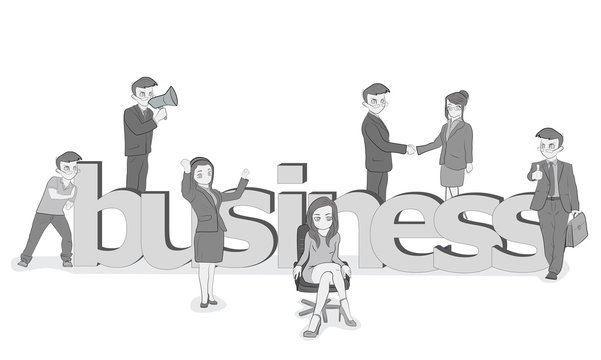 Sketch of working small people with a big word "business". Hand drawn cartoon vector illustration for design and infographics.