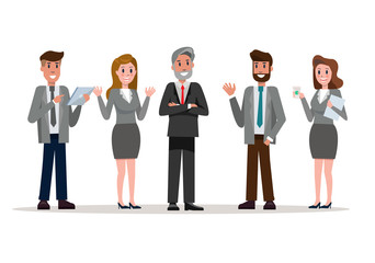 Confident business team standing enjoy talking in the office. flat character design. vector illustration
