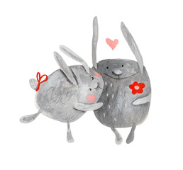 Pair of bunnies with flower and heart. Watercolor illustration. Hand drawing - 162399183