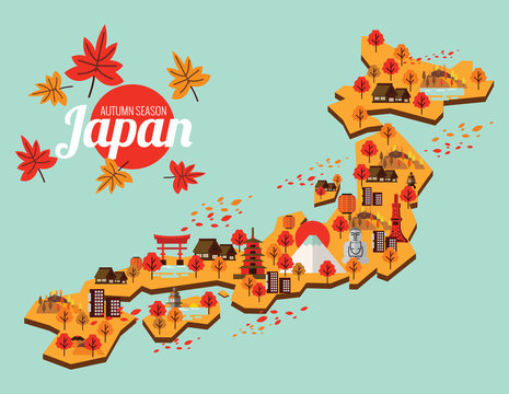 Japan Travel Map. Autumn season in japan. flat design elements. vector illustration
