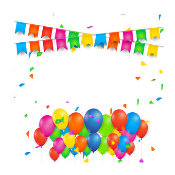 Colorful Birthday poster with balloons, Colored flags  and confetti on white  background  - vector background with copyspace