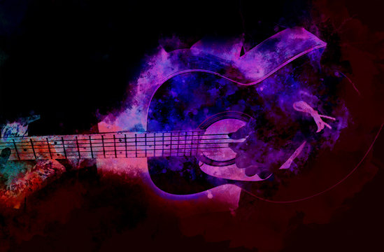 Playing guitar on watercolor background, Digital watercolor painting