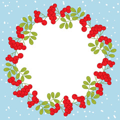 Vector Christmas and New Year Card Template with Wreath and Red Berries on Snow Background. Card template for Christmas and New Year. Vector Christmas Wreath.