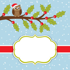 Vector Christmas and New Year Card Template with Cute Owl on Branch and Red Berries . Card template for Christmas and New Year. Vector Owl. 