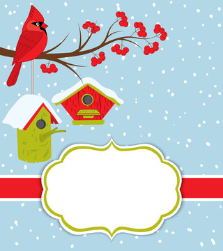 Vector Christmas and New Year Card Template with Cardinal, Birdhouses and Red Berries on Snow Background. Card template for Christmas and New Year. Vector Cardinal.