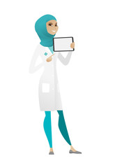 Smiling doctor holding tablet computer.
