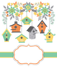 Vector Card Template with Birdhouses and Floral Branch. Birdhouses and Floral  Bouquets Vector Illustration. 