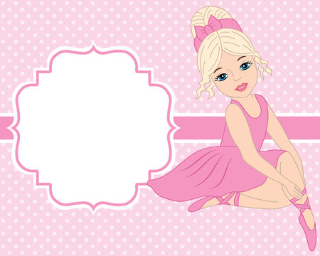 Vector Card Template with Ballerina on Polka Dot Background. Vector Ballerina.  Vector illustration.