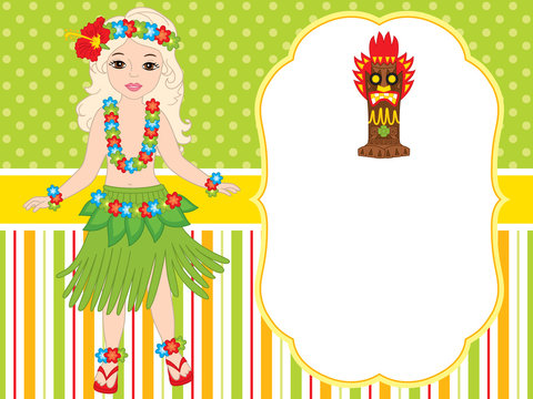 Vector Card Template with Beautiful Hawaiian Girl and Tiki Mask. Vector Hawaiian Girl. Vector Illustration.