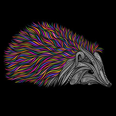 Vector hedgehog from patterns with color needles on a black background