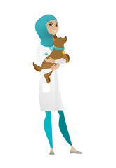 Veterinarian with dog in hands vector illustration