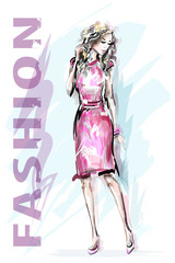 Fashion model. Hand drawn beautiful fashion woman. Stylish girl. Sketch. Vector illustration.
