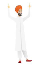 Businessman standing with raised arms up.