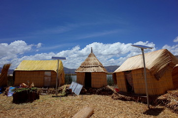 Reed huts powered by solar energy on the Floating Islands on Lake Titicaca