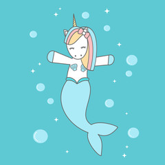 cute cartoon unicorn mermaid in the sea vector illustration