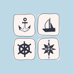 Set of icons on a sea theme drawn by hand