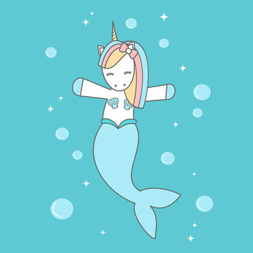 Fototapeta cute cartoon unicorn mermaid in the sea vector illustration
