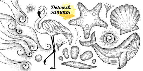 Naklejka premium Vector summer set in dotwork style. Dotted whale, flamingo, waves, seashell, starfish, pebble, swirl in black isolated on white background. Aquatic theme with marine fauna for summer design or tattoo.