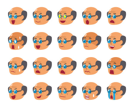 Cartoon set of senior man faces showing different emotions