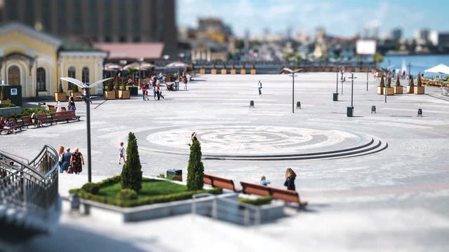 View of the Postal Square in Kiev. Tourists are walking around. Timelapse with tilt-shift effect.