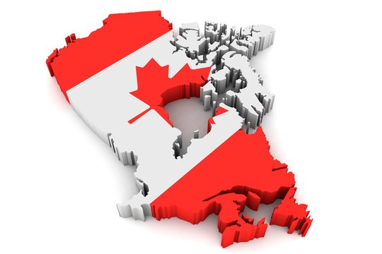 3D Karte von Kanada mit Flagge auf weißem Hintergrund
