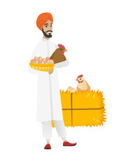 Farmer holding chicken and basket of eggs.