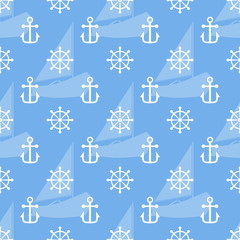 Seamless sea pattern of anchor, handweel and sailboat shape. Vector