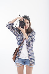 Beautiful travel girl with camera isolated on white background